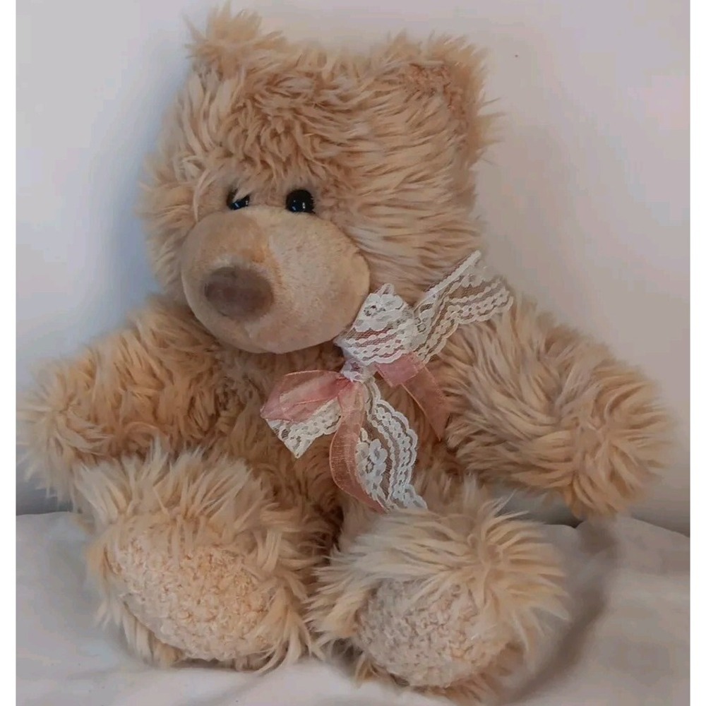 Dan Dee Tan Bear Fuzzy Pink Lace Bow Flocked Felted Nose 10 Inch Sitting READ